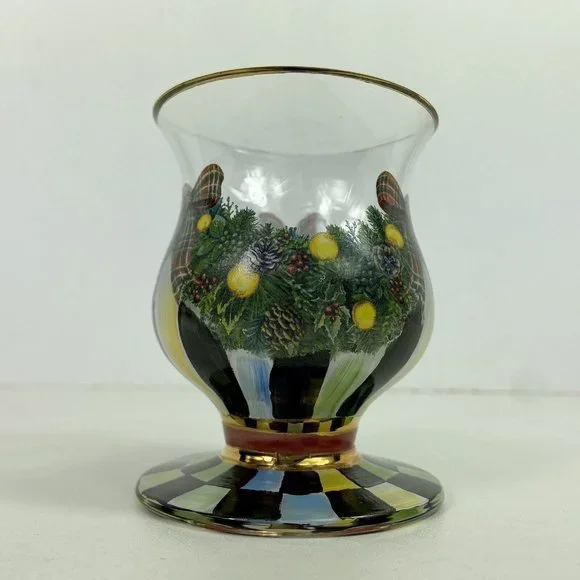 Mackenzie-Childs Evergreen Painted Glass Water Goblet Footed Dessert Christmas - Picture 4 of 7